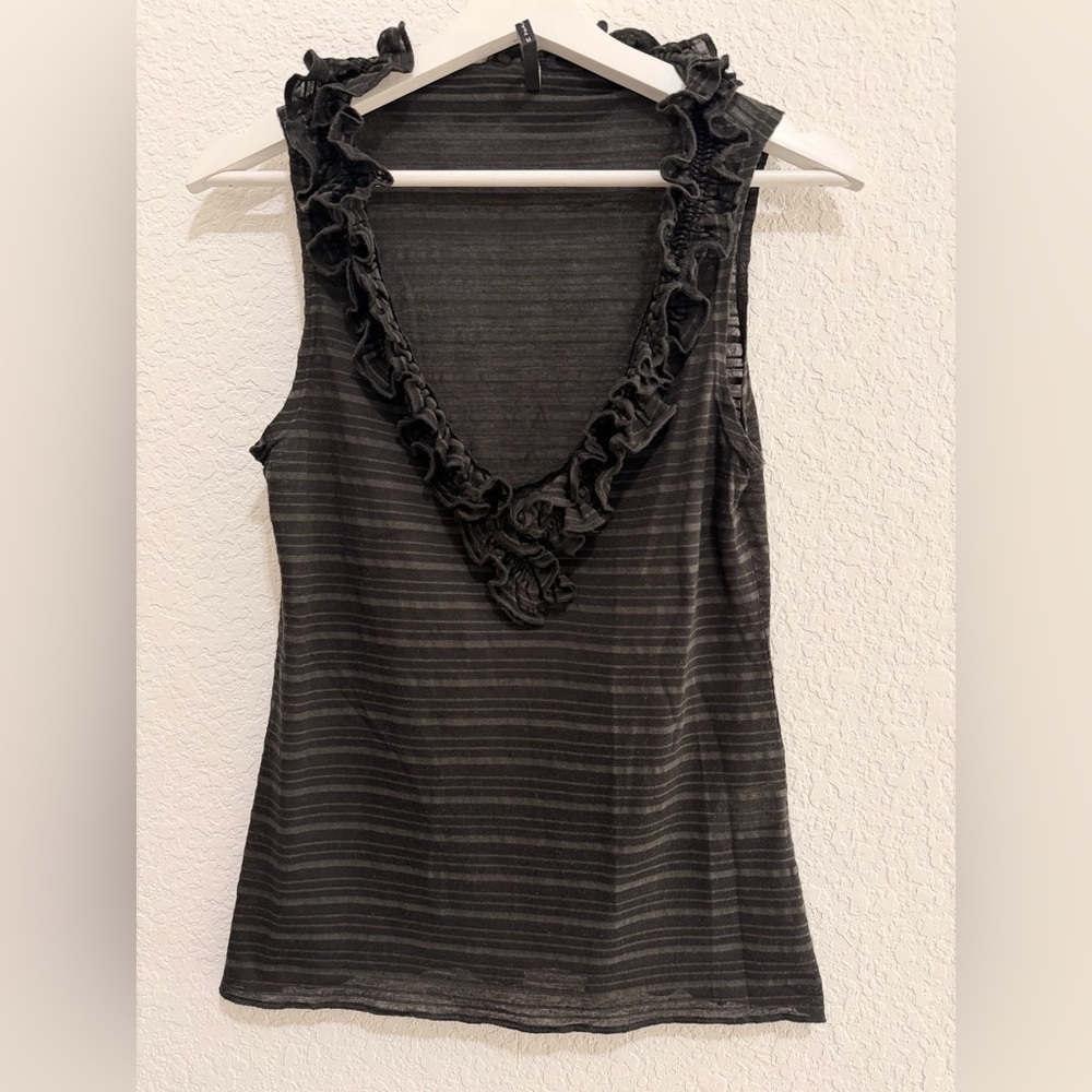 Naf Naf Black Ruffled V-Neck Tank Top | Subtle Stripe Feminine Blouse
